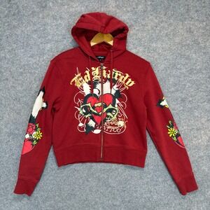 Ed Hardy Sacred Hearts Hoodie Sweatshirt Womens Medium Front Zip Graphic Red